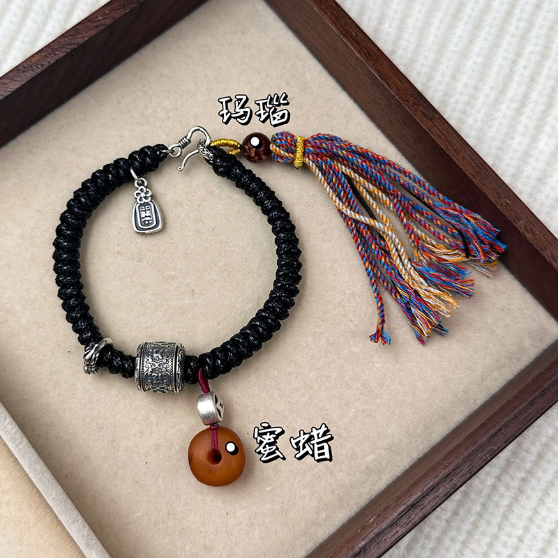 六字真言路路通平安牌手链纯银女新中式手工编织蜜蜡情侣手绳黑色