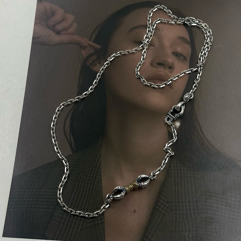 S925银金刚杵项链纯银男款精致国风复古吊坠配饰女锁骨颈链太角链