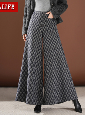 2025冬季新款加厚毛呢阔腿裤女高腰显瘦宽松格纹九分裙裤休闲裤子