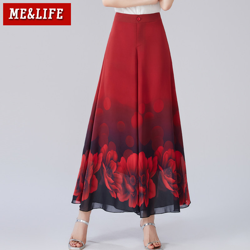 2025夏季新款九分阔腿裤女裤宽松高腰裙裤轻薄透气雪纺印花大脚裤