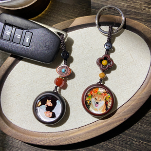 檀木高档照片双面定制钥匙扣汽车包包挂件情人节新年圣诞礼物