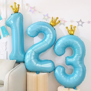 40寸蓝色皇冠数字气球生日拍照道具装饰儿童周岁孩子百天场景布置
