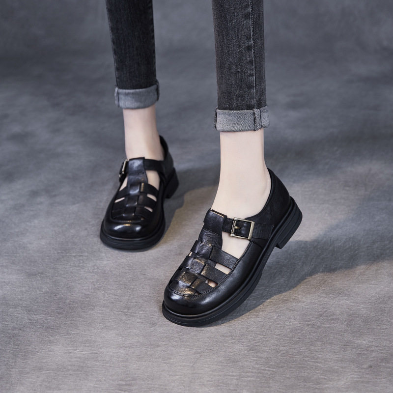 至美本色真皮猪笼鞋女2025春夏新圆头镂空平底魔术贴休闲罗马凉鞋,女鞋,罗马凉鞋,淘宝优惠券,粉丝福利购,淘宝优惠卷