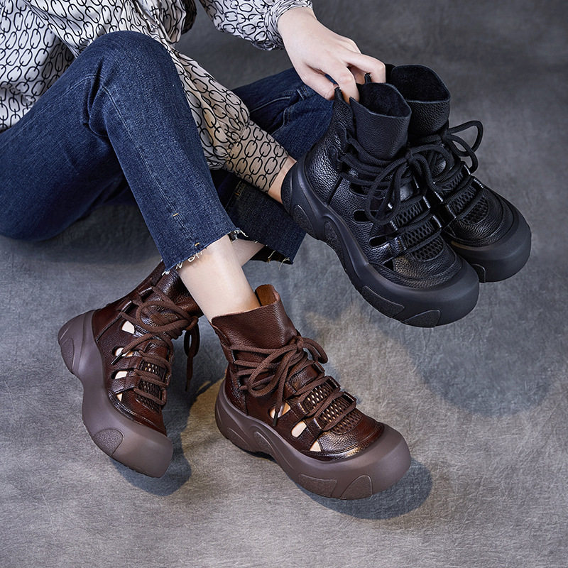 至美本色真皮罗马女休闲凉鞋2025春夏新系带松糕厚底复古镂空凉靴,女鞋,罗马凉鞋,淘宝优惠券,粉丝福利购,淘宝优惠卷