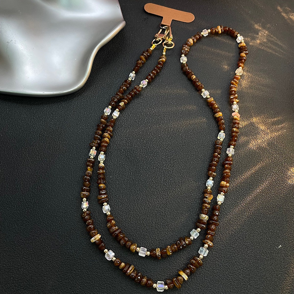 玳瑁复古咖水晶碎银子串珠链条斜挎长款相机挂绳斜背包挂链女