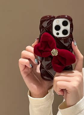 适用苹果15手机壳14promax红色新年款iPhone13毛绒蝴蝶结11/12pro软壳14小众ip13女生硅胶高级感14pro保护套