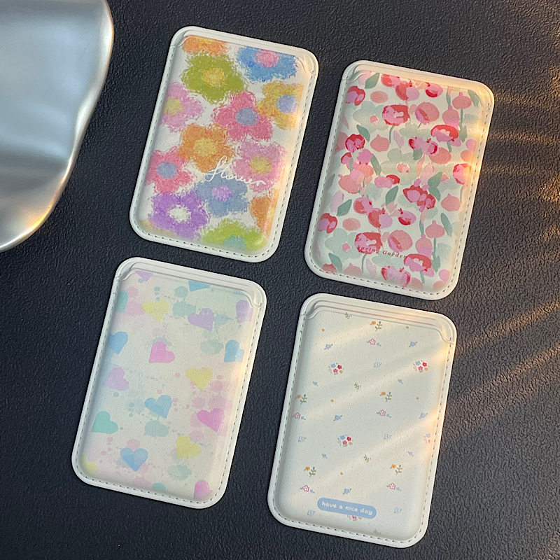 原创可爱花朵苹果15Pro手机卡包皮质磁吸卡套校园卡追星小卡收纳