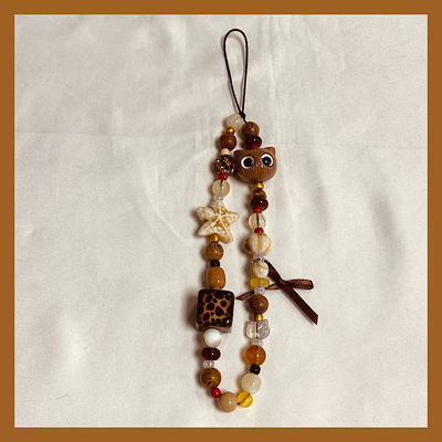 ins风夏日沙滩棕色辣妹陶瓷猫咪豹纹串珠手机链ccd挂绳链条包挂件