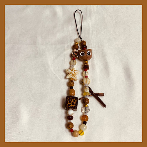 ins风夏日沙滩棕色辣妹陶瓷猫咪豹纹串珠手机链ccd挂绳链条包挂件