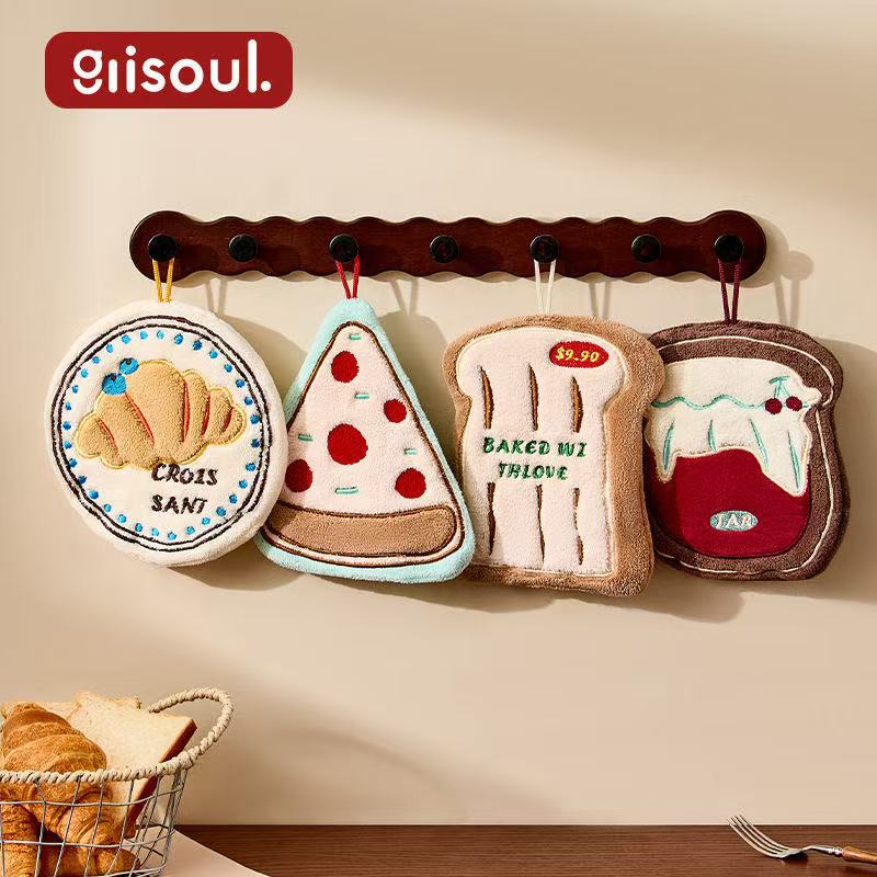 韩版食物奶酪擦手巾挂式三层加厚珊瑚绒厨房擦手速干毛巾