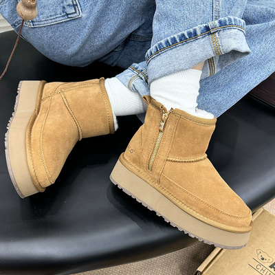 韩版拉链款冬季雪地靴女2025冬季新款百搭舒适防滑保暖栗色棉鞋