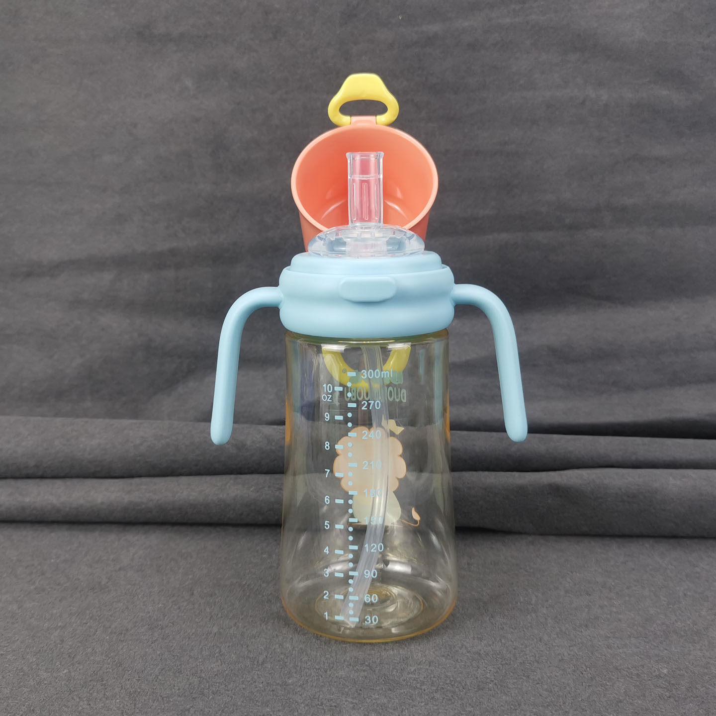 宝宝手柄翻盖吸管奶瓶300ml宽口径PPSU塑料耐摔防胀气婴儿学饮杯