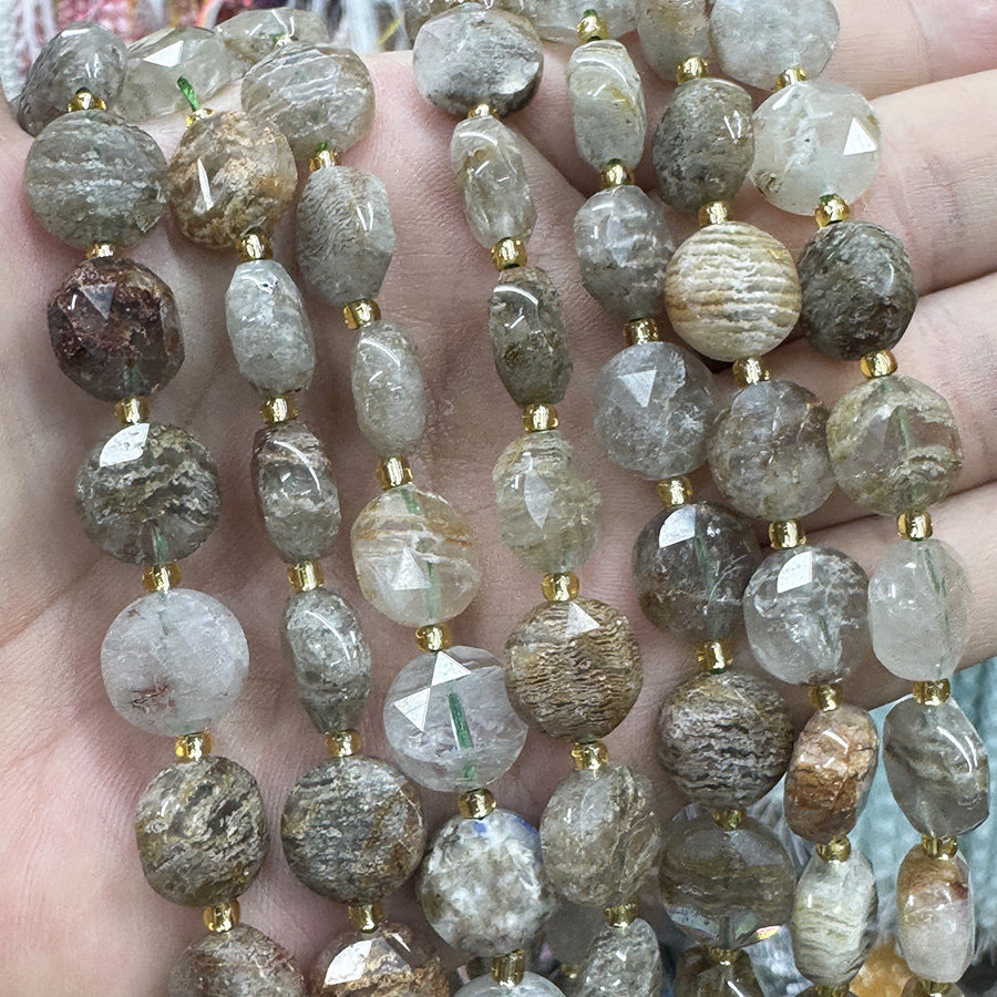 天然千层幽灵晶圆饼切面散珠幽灵原石手链项链DIY半成品手串饰品
