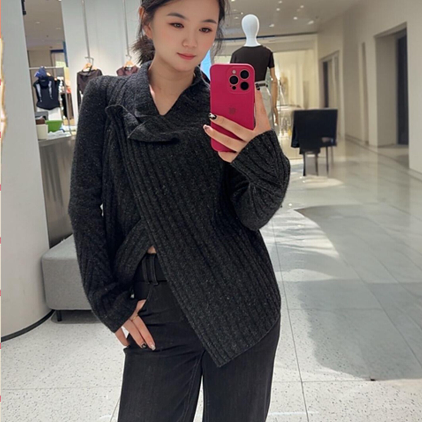 深灰不对称大翻领针织开衫女毛衣