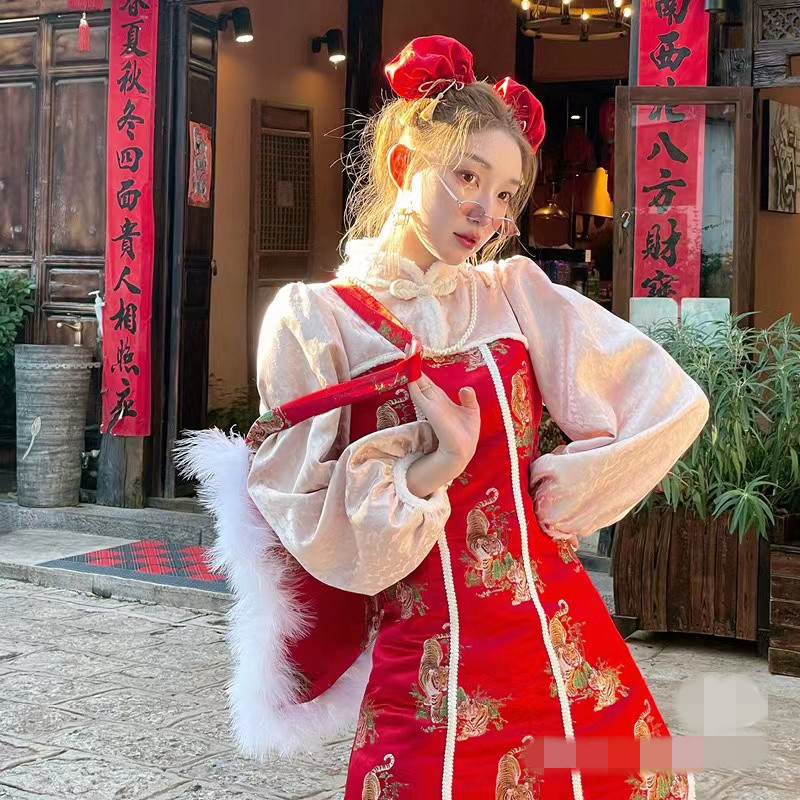 DEAR栗亲子款中式复古旗袍 国风少女风格老虎改良款秋冬连衣裙