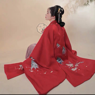 天衣**花香境传统汉服大袖衫 重工刺绣花红色春秋中长款披肩大衣