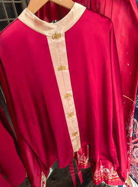 古风汉服打底衫上衣立领衫 长袖丝滑缎面红色国风复古婚服内搭
