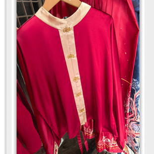 长袖 丝滑缎面红色国风复古婚服内搭 上衣立领衫 古风汉服打底衫