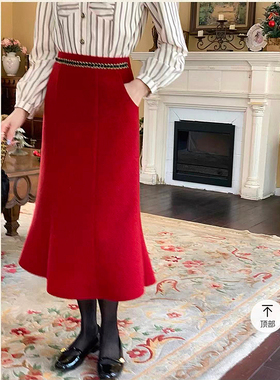 游NN家尾单复古过年红半身裙 圣诞秋冬小香款毛呢小鱼尾摆中长款