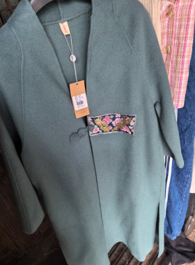 唐Y家尾D羊MAO双面呢大衣 蓝色刺绣秋冬宽松中长款外套盘扣