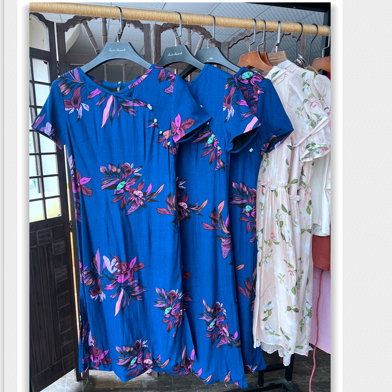 新中式风全棉印花短袖连衣裙