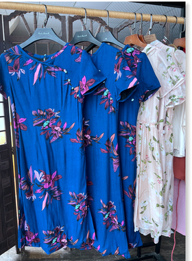 亿之LAN棉旗袍 新中式复古蓝色印花中长款改良无领废领长连衣裙