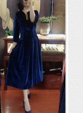 唐Y家尾货蓝色丝绒连衣裙 秋冬修身六分袖优雅气质纯色长款复古