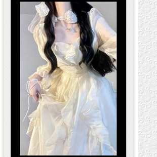 波B定制高个子长款经典款仙女连衣裙 淡黄色高腰长袖木耳边实拍