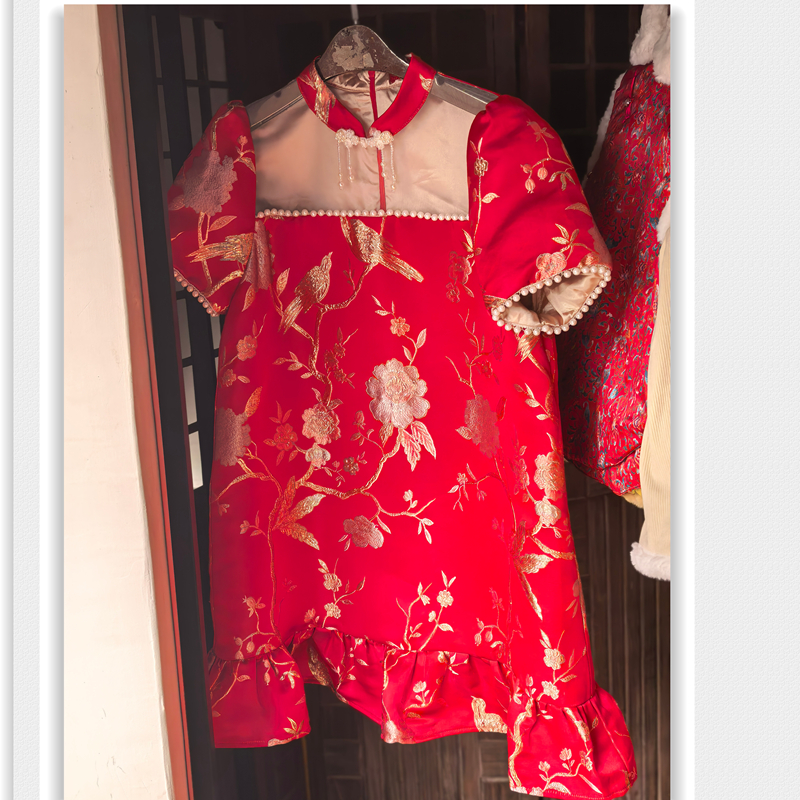 提花镂空短袖旗袍连衣裙