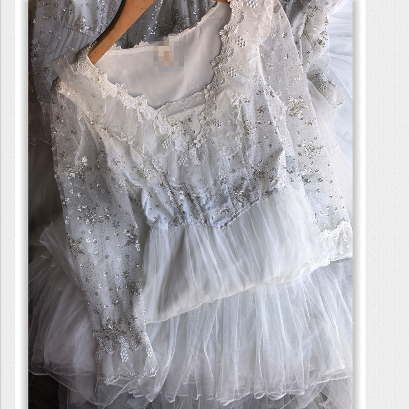 梦游仙境童话里的公主裙连衣裙 白色重工钉珠亮片网纱仙女A字摆
