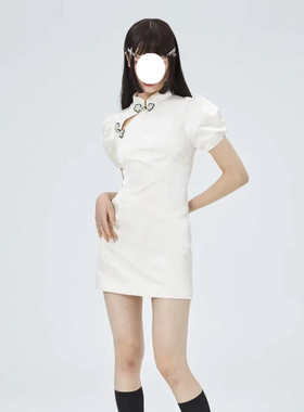 ALIN*新中式复古复古改良款旗袍 短袖夏季提花面料珠子盘扣连衣裙