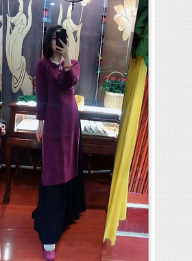 唐Y高定尾货羊毛针织国风旗袍连衣裙 紫色中式盘扣奥黛风高开叉