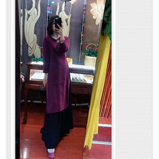 唐Y高定尾货羊毛针织国风旗袍连衣裙 盘扣奥黛风高开叉 紫色中式