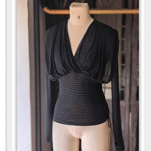 路Y家尾D迷雾上衣 法式V领性感网纱绝美褶皱T恤 长袖别致内搭