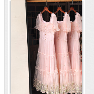 童话公主粉色连衣裙 梦游仙境网纱仙女绣花短袖梦幻长款夏 初恋