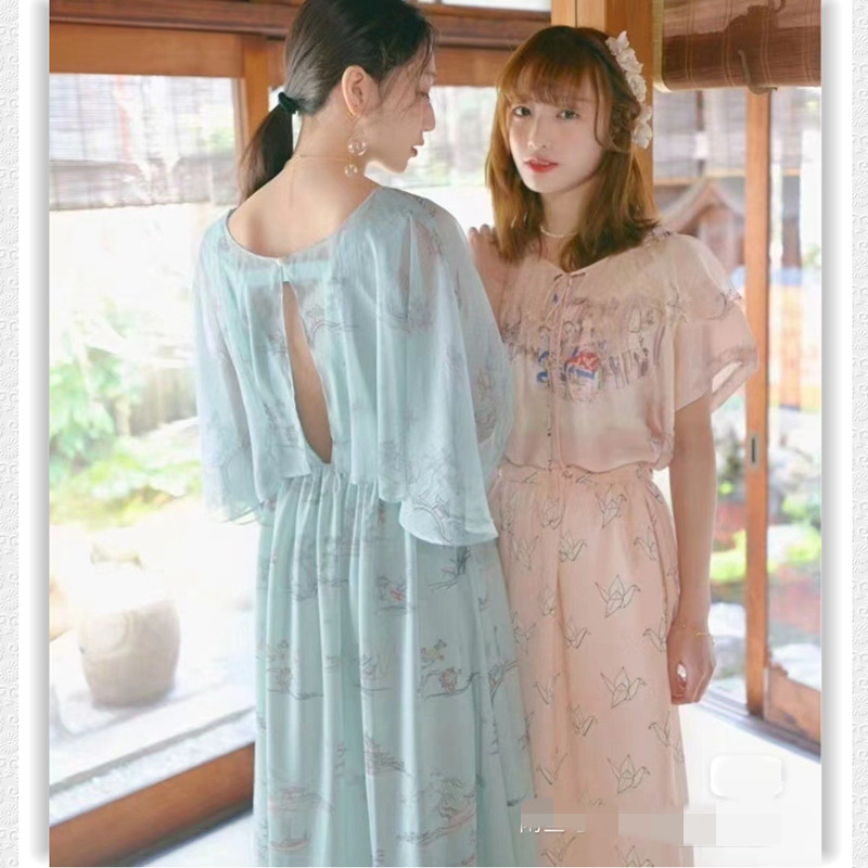 DEAR栗 森林系 雪纺中长款少女露背亭台印花国风长裙子