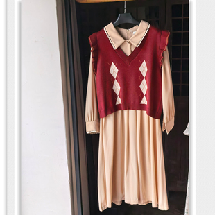 春夏小翻领雪纺高腰 学院风杏色衬衫 长袖 连衣裙 休闲 款