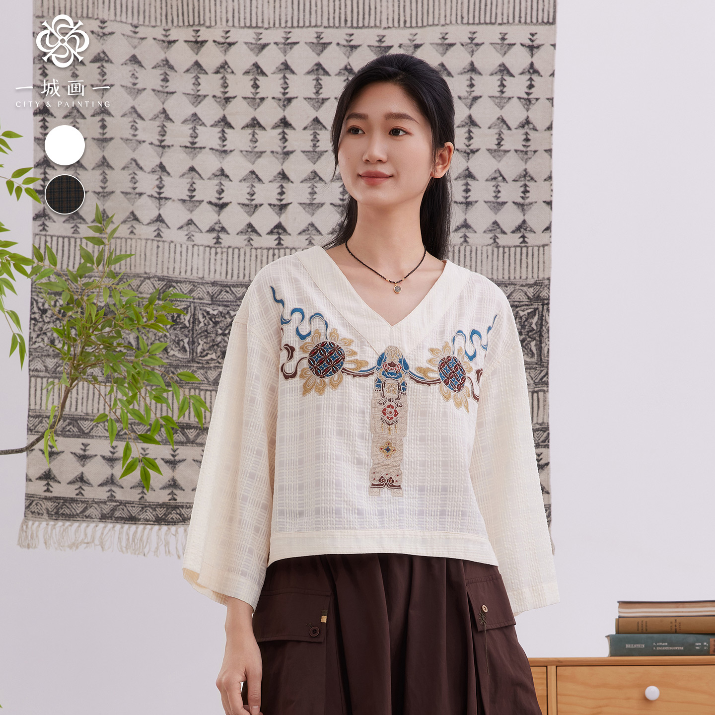 【谷得盈满】秋季复古V领短款时尚衫国风上衣好看单穿设计感小众