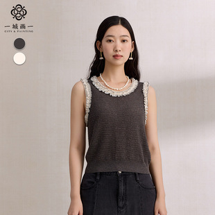 宫廷风圆领修身 一城画一2025夏季 气质复古法式 新款 毛织背心 时尚