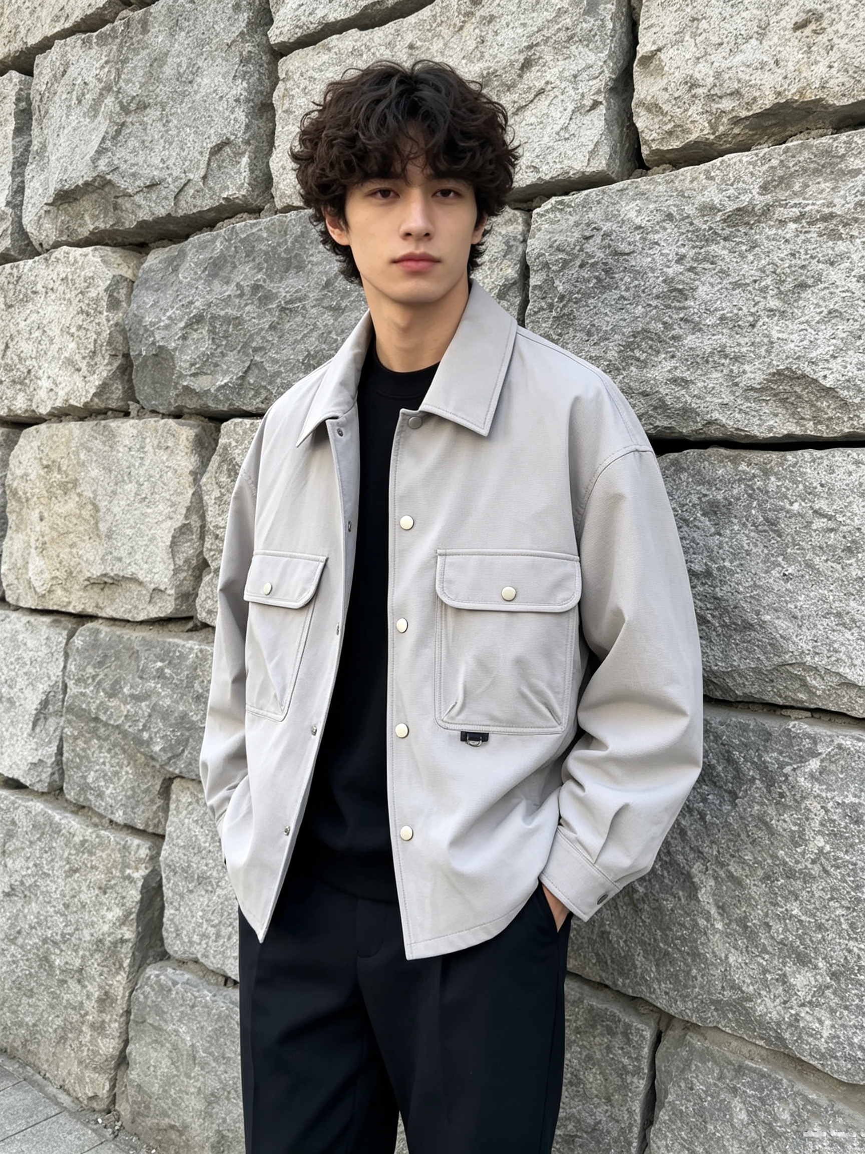 浅灰色翻领工装夹克男秋季宽松落肩双口袋按扣外套男士休闲上衣