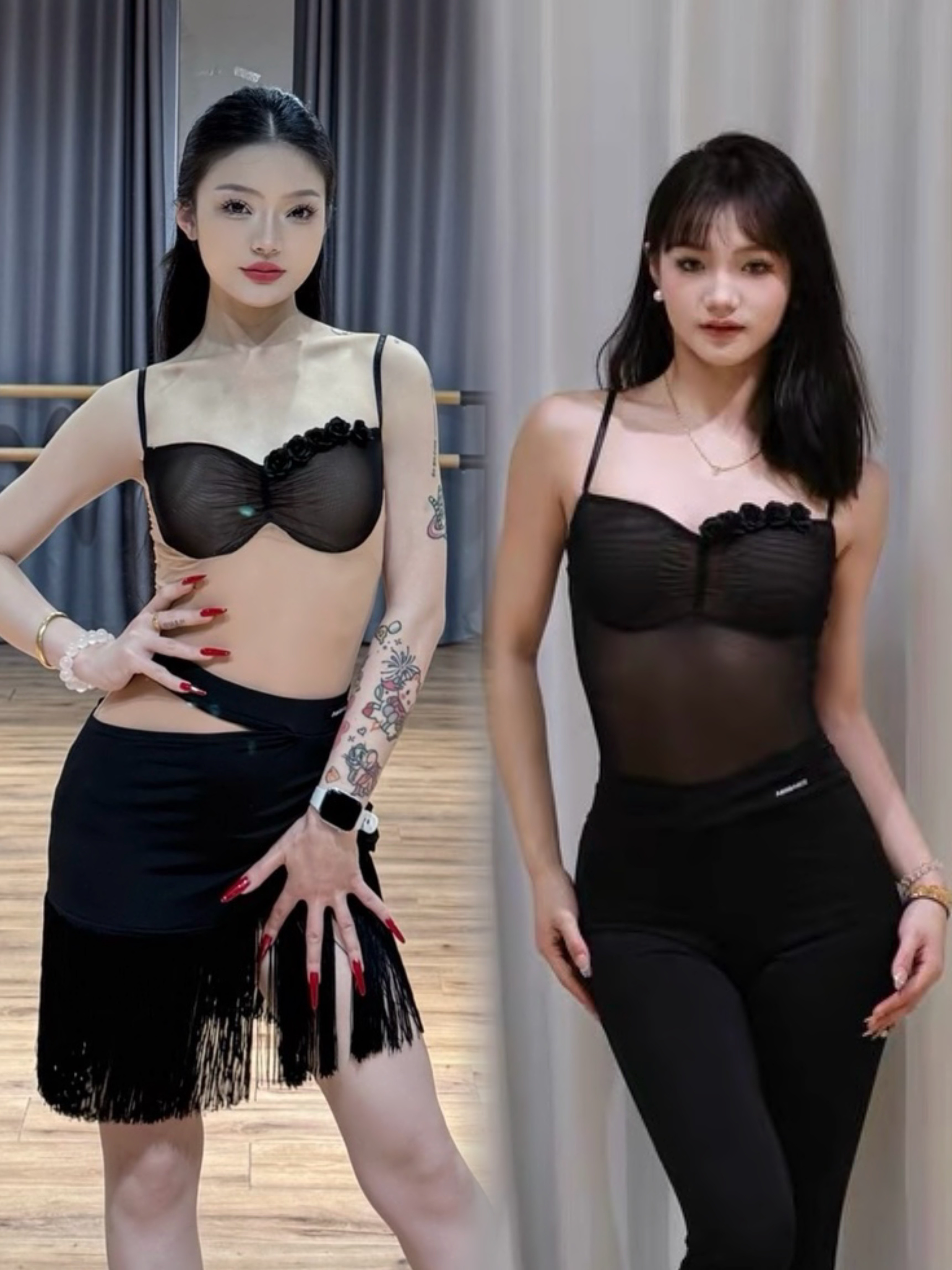 傲睨拉丁舞服花朵吊带网纱上衣黑色肤色连体衣练舞教课表演女成人