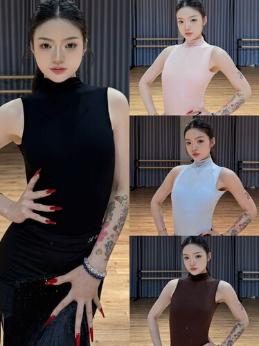 Alei拉丁舞服小高领无袖上衣针织螺纹连体衣黑棕粉蓝色练舞表演女