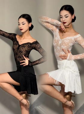 ELLA-D拉丁舞服蕾丝一字肩长袖上衣花边流苏臀巾黑白色练舞表演女