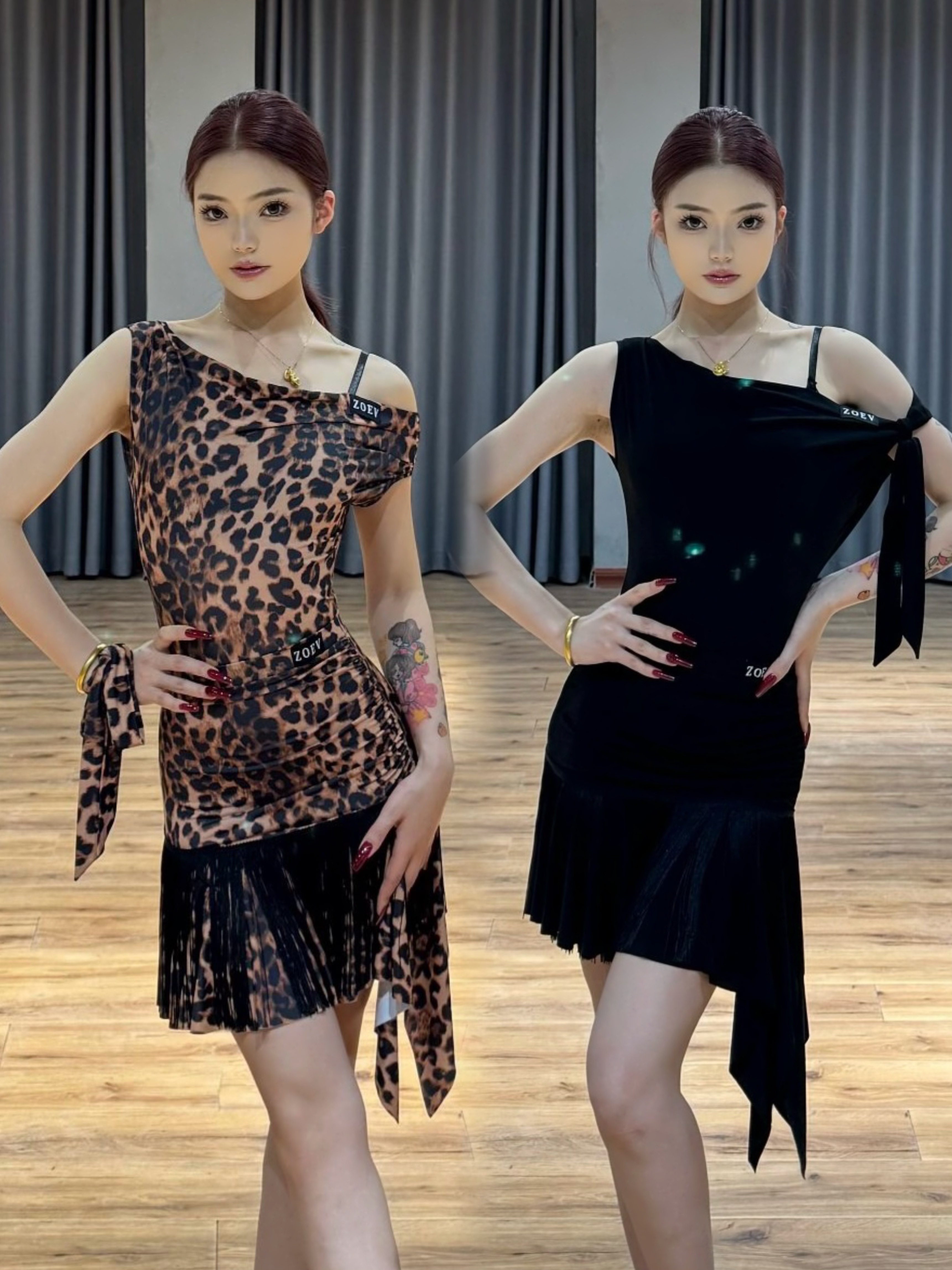ZOEV拉丁舞服冰丝黑色棕豹纹斜肩上衣流苏飘带半身裙练舞教课女士