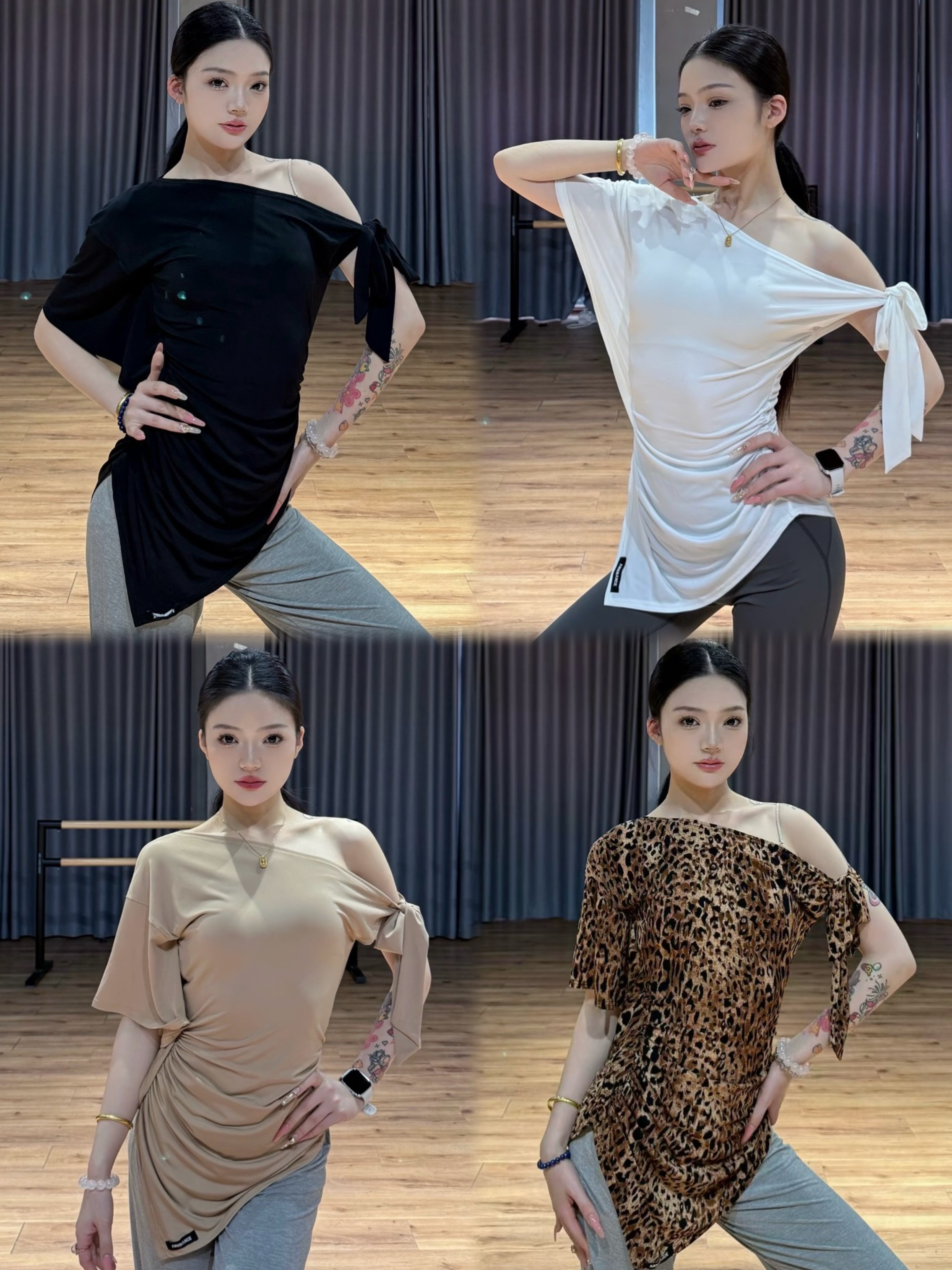 傲睨拉丁舞服夏季短袖斜肩罩衫上衣黑白肤色棕豹纹练舞表演教课女