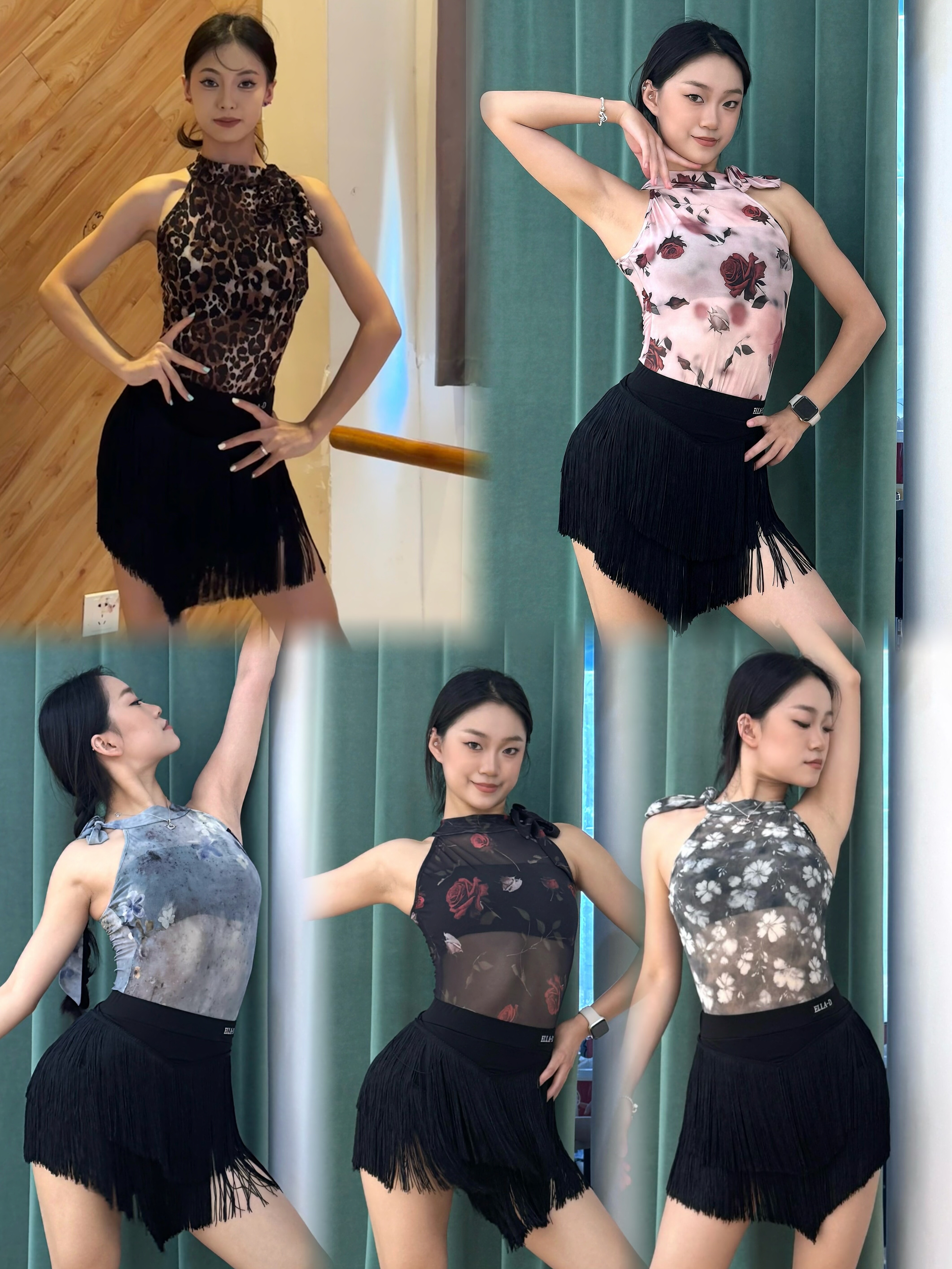 ELLA-D拉丁舞服豹纹印花无袖网纱上衣黑色流苏半身裙练舞表演女士