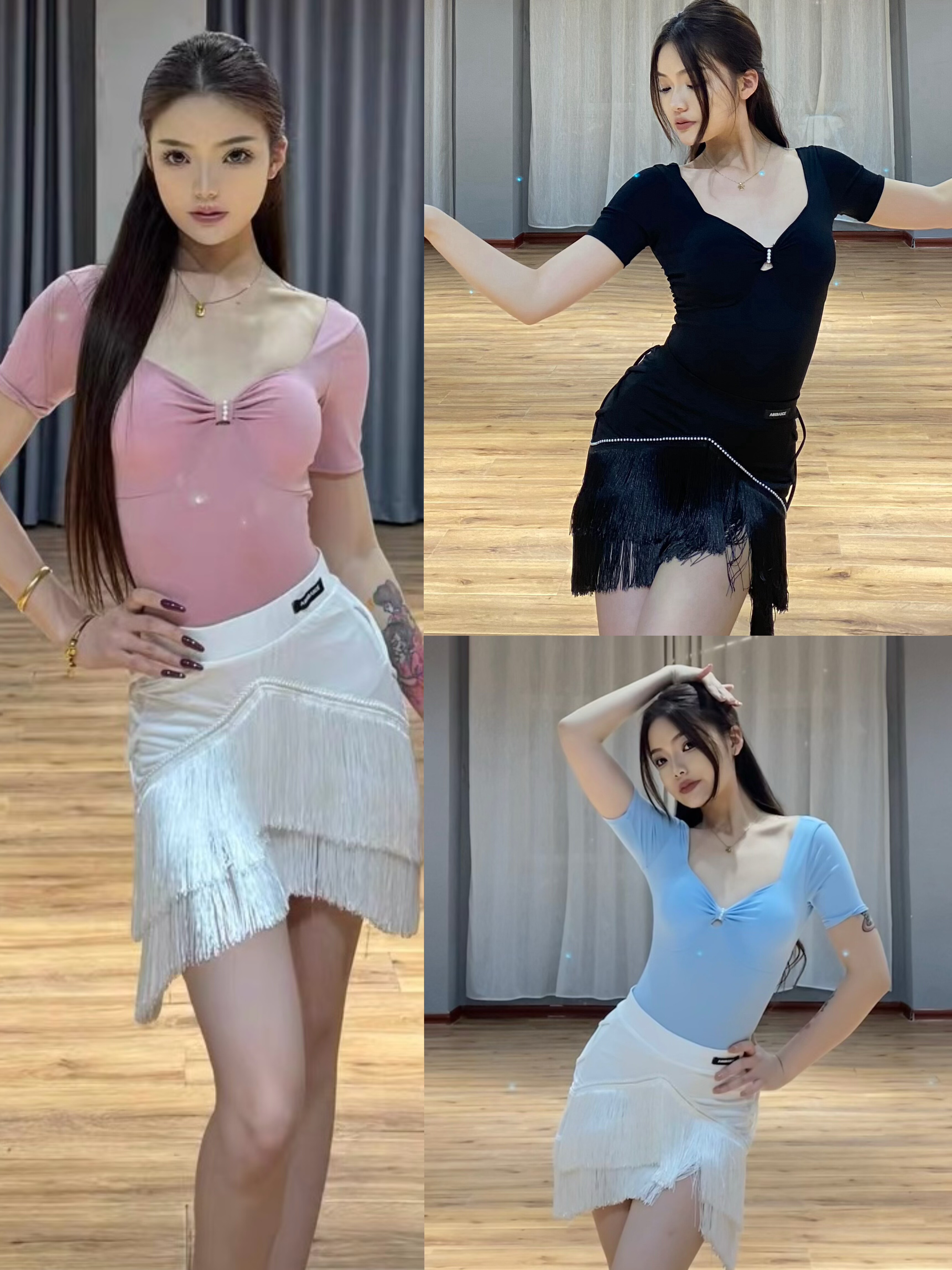 傲睨拉丁舞服V领短袖上衣珍珠流苏半身裙黑蓝色练舞表演教课女士