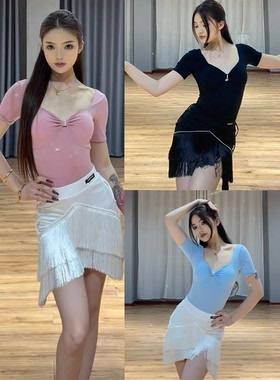 傲睨拉丁舞服V领短袖上衣珍珠流苏半身裙黑蓝色练舞表演教课女士