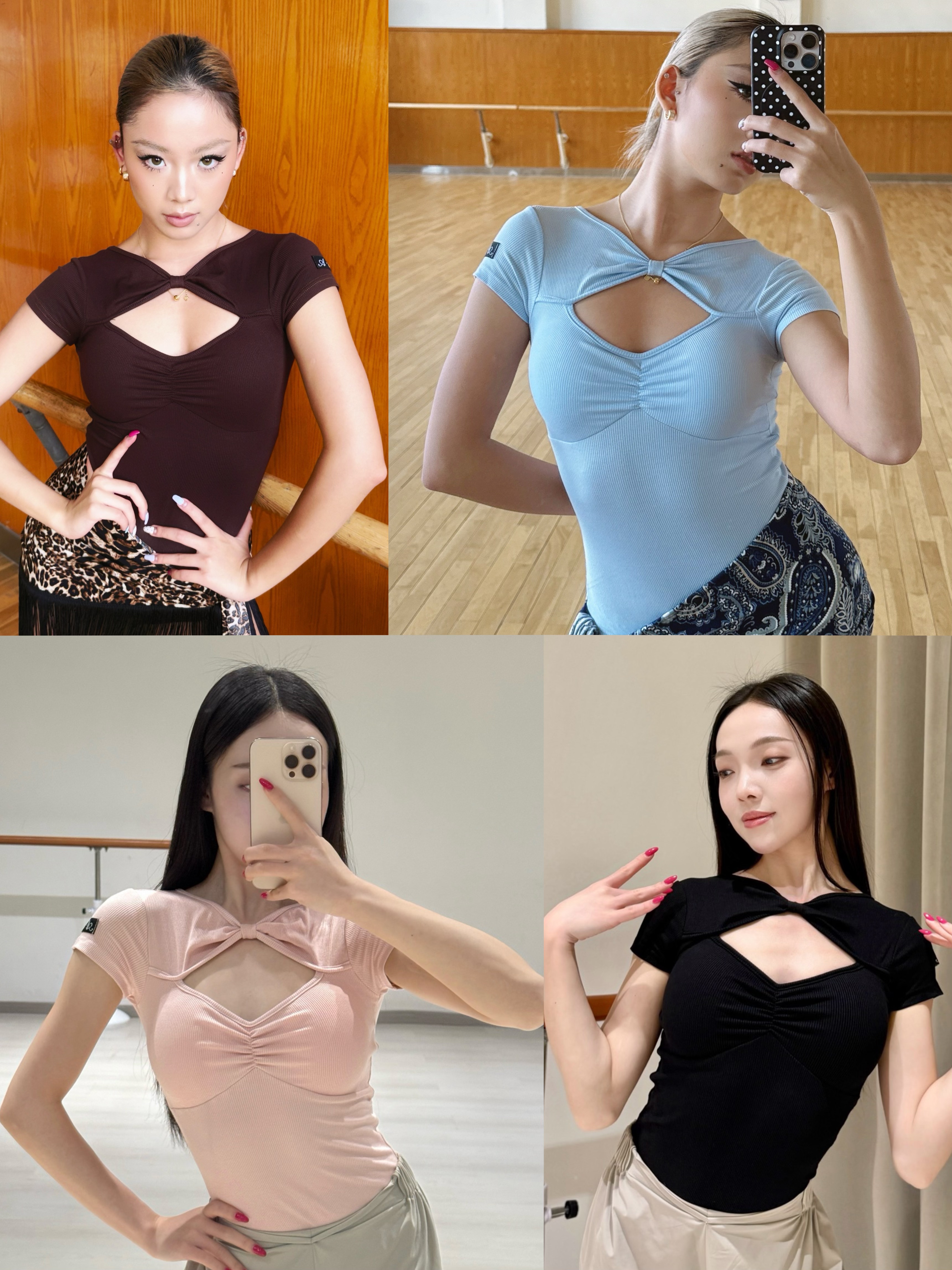 Alei拉丁舞服短袖V领螺纹上衣黑棕粉蓝色连体衣练舞教课表演女士