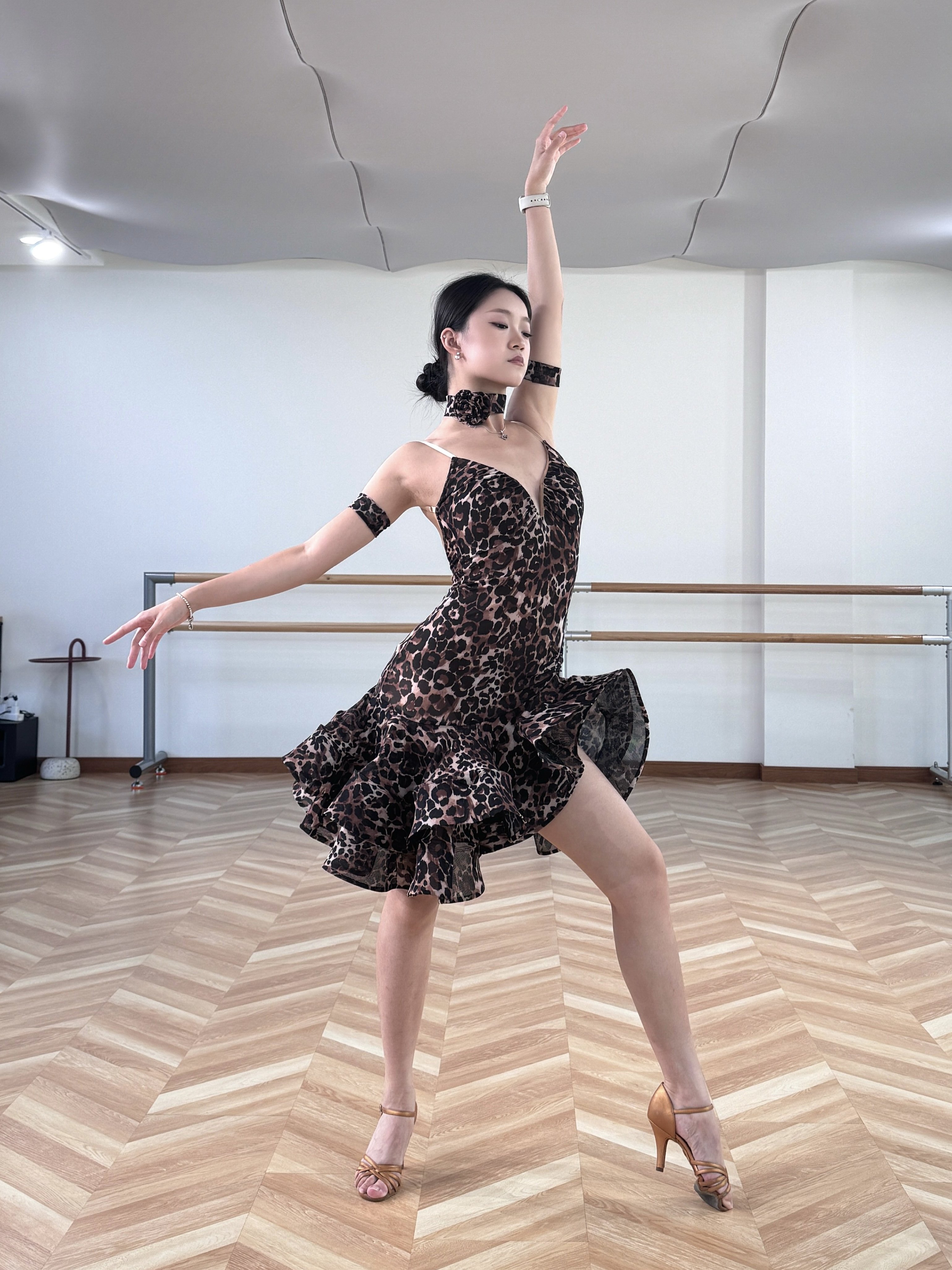 ELLA-D拉丁舞服棕豹纹吊带重工连衣裙鱼骨裙练舞表演出比赛女成人